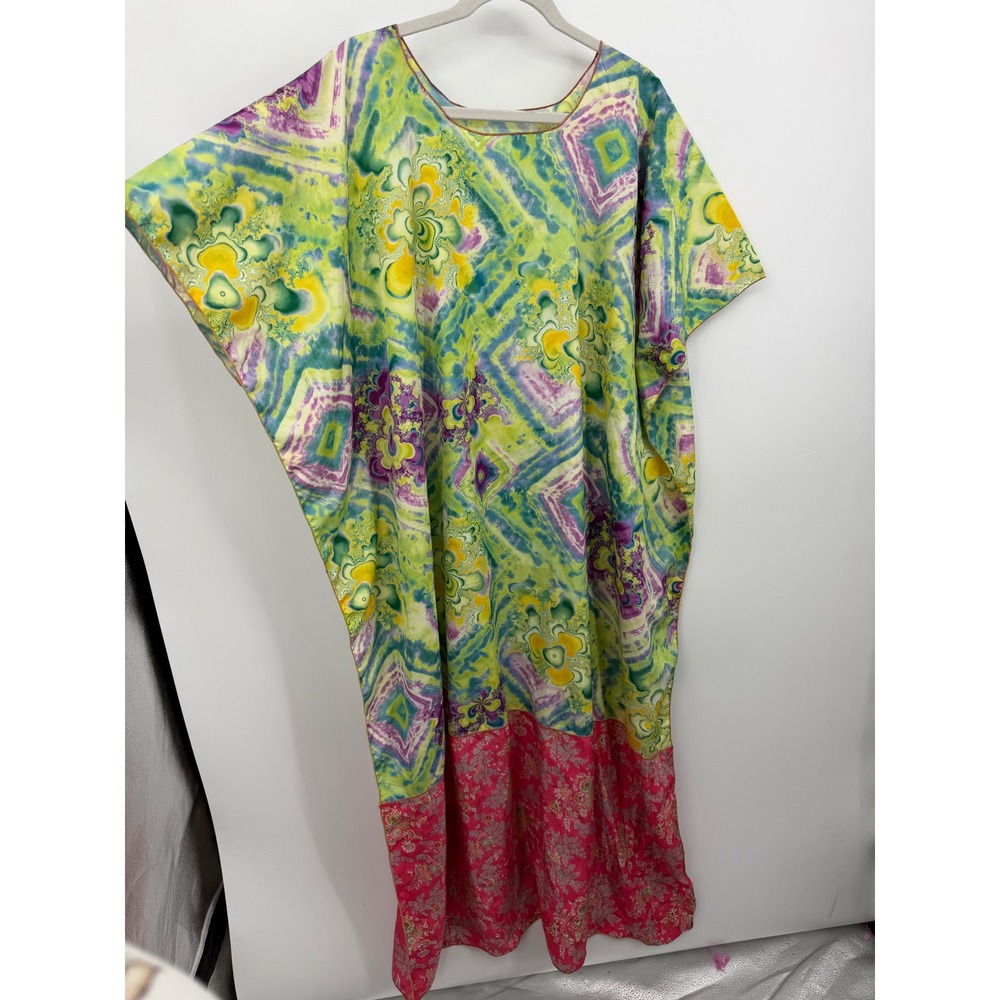 Grau Tie Dye Floral Kaftan Dress Womens M Green Pink Psychedelic Maxi 100% silk